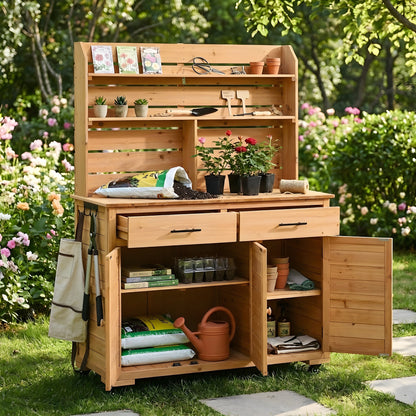 65''H Large Garden Potting Bench with Lockable Wheels and Storage