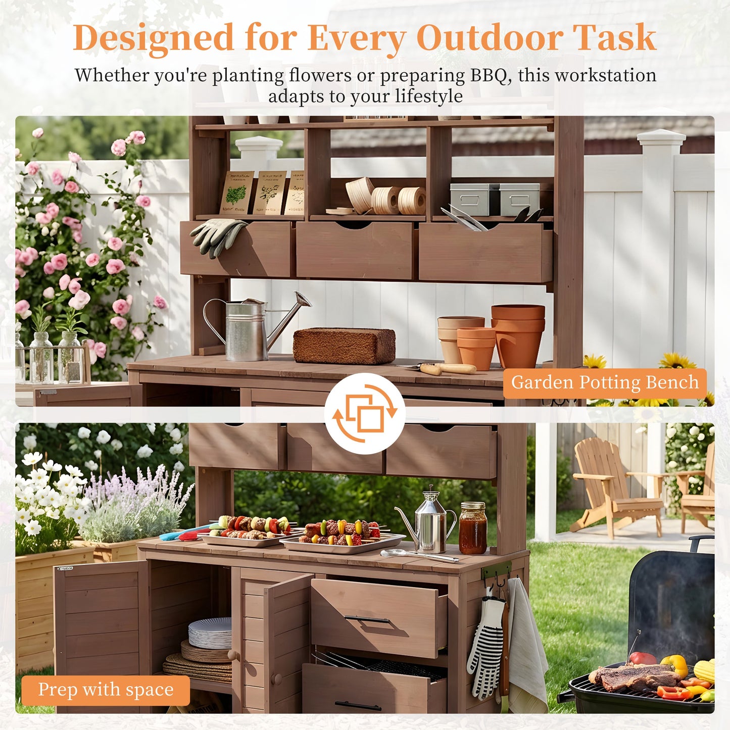 Farmhouse Patio Potting Bench, 44.6''x19.5'' Large Freestanding Garden