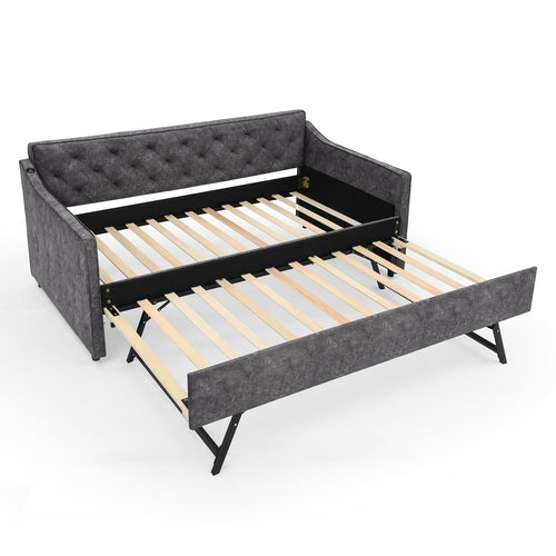 Grey Velvet Mid-Century Style Twin Upholstered Daybed with Pop-Up
