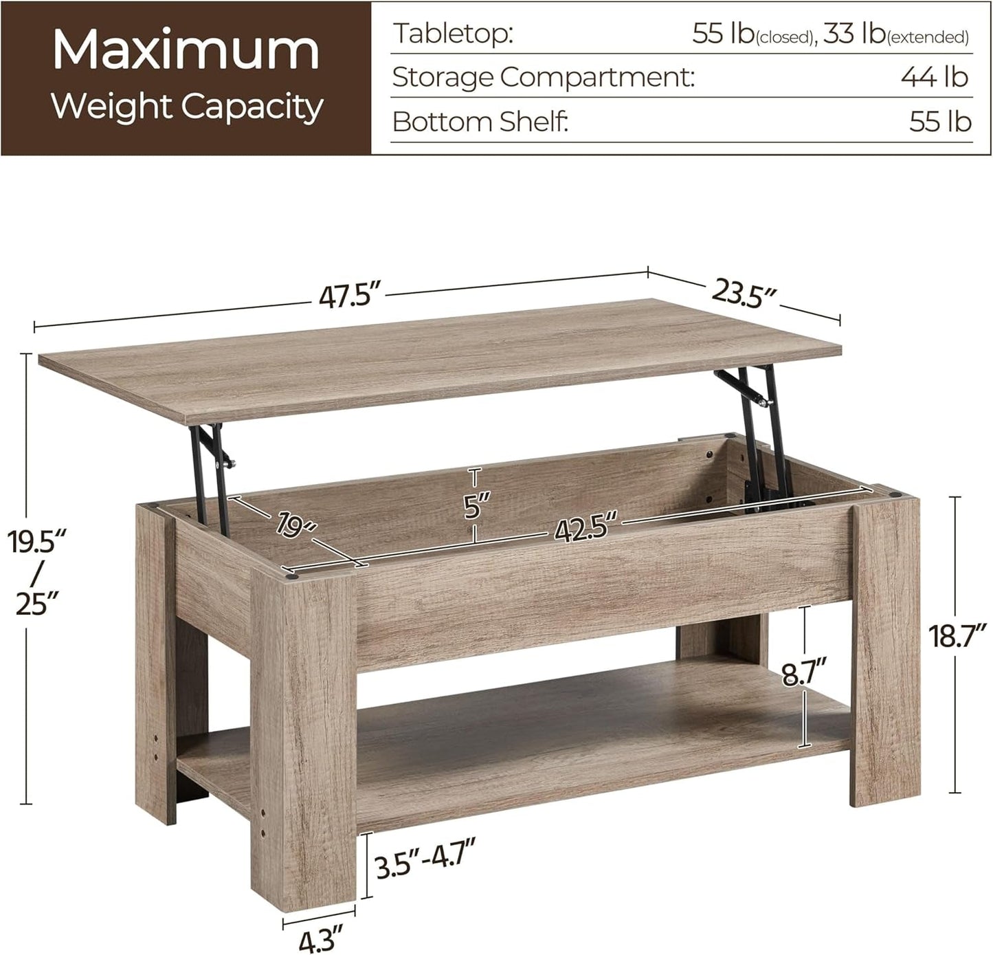 Lift Top Coffee Table With Hidden Compartment Grey