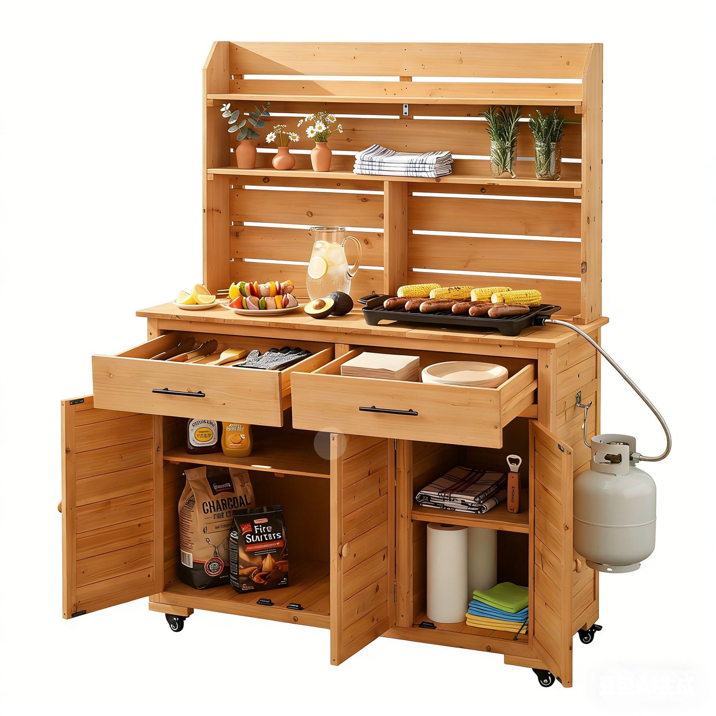 65''H Large Garden Potting Bench with Lockable Wheels and Storage