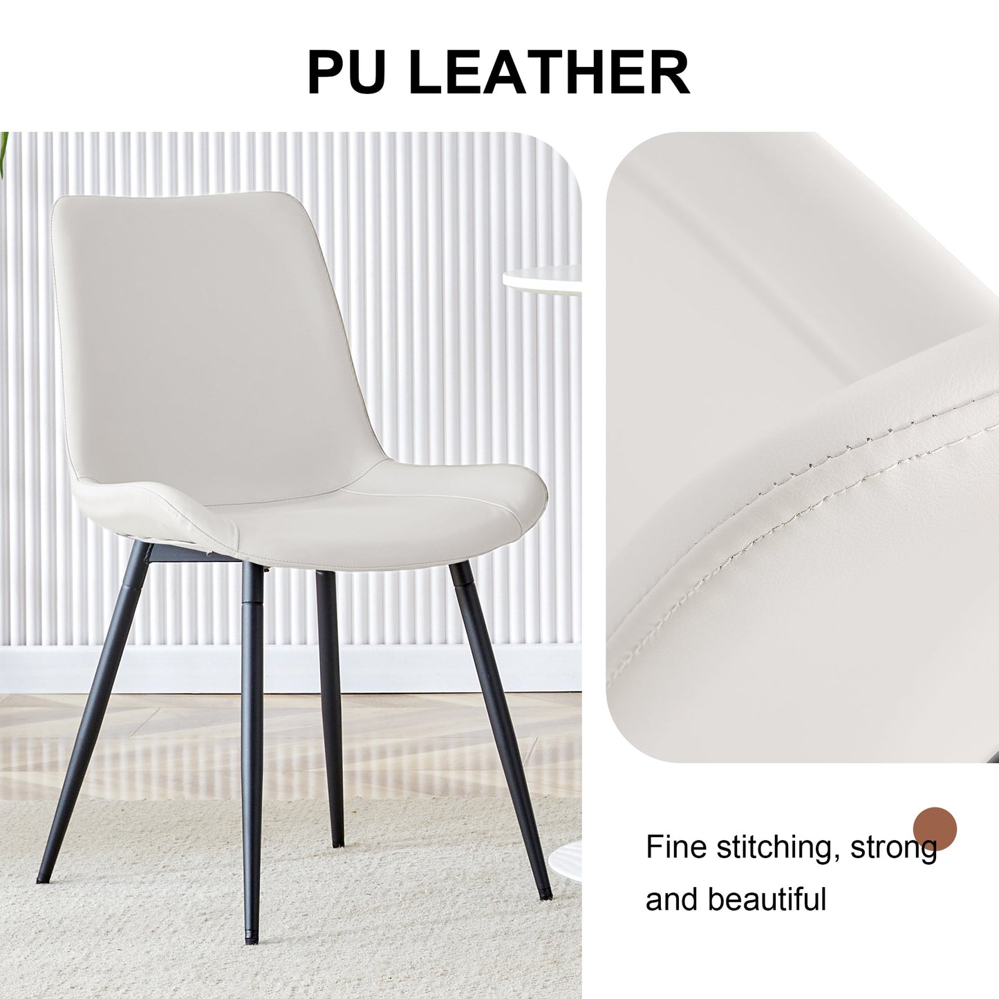 White Artificial Leather Backrest Cushion Dining Chair with Black Metal Legs