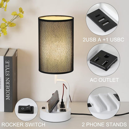Table Lamp With 3 USB Ports And AC Outlet - White Black