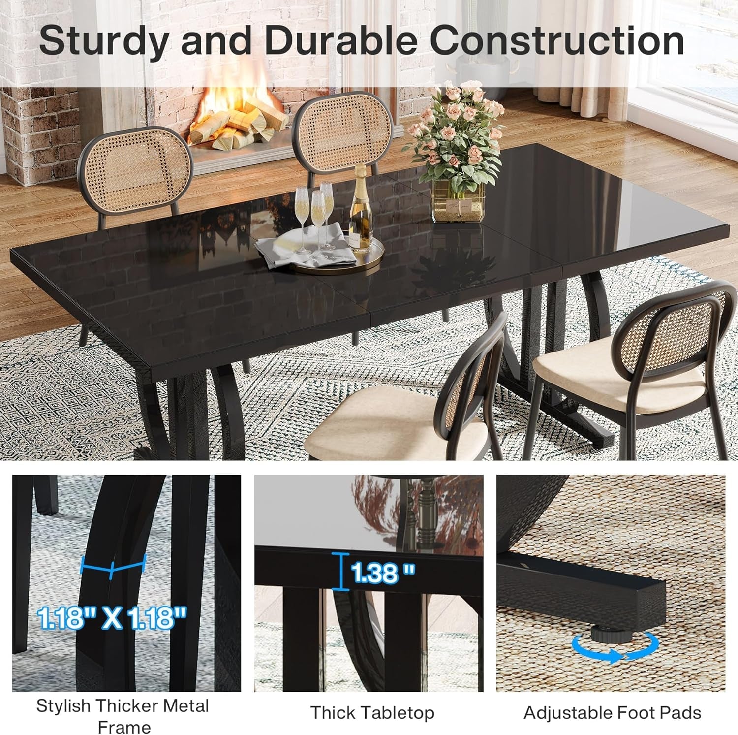 Dining table with chairs in a room setting, emphasizing durability with text 'Sturdy and Durable Construction'.
