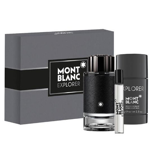 Montblanc Explorer perfume set with black bottles and gray box on a white background