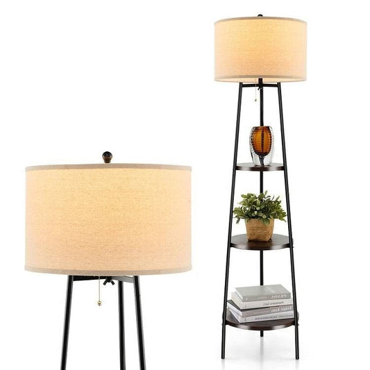 Modern Floor Lamp 3-Tier Bookcase Shelf with Round Drum Linen Shade