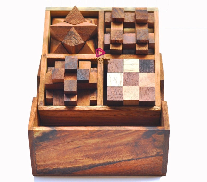 4 individual brainteaser wooden puzzles in a gift wooden box