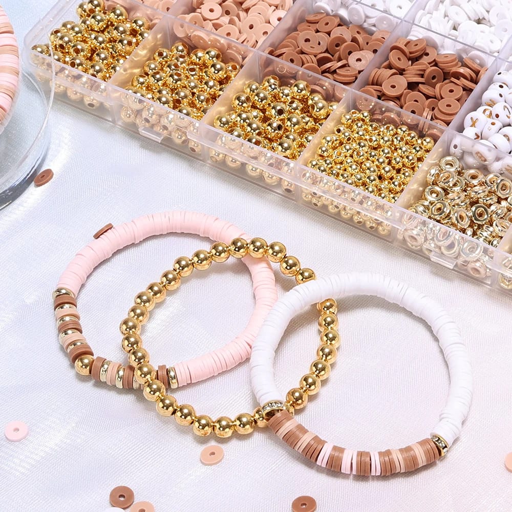 Golden Beads Pink White Clay Beads Kit For DIY jwellery Making Clay Beads Bracelet Kit Friendship Bracelet Making Kit