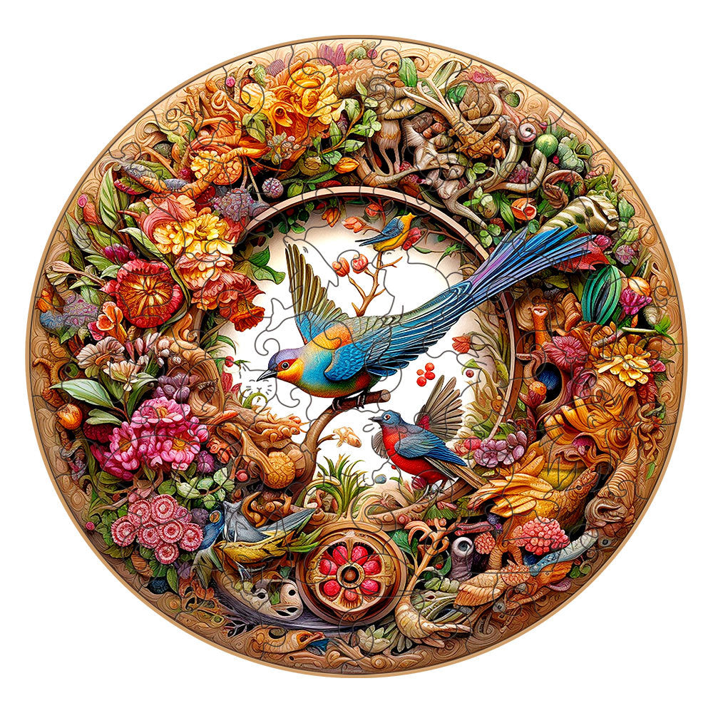 Intricate Garden Birds Round Wooden Puzzle - Vibrant Nature-Themed Artwork(S-paper box-H188)