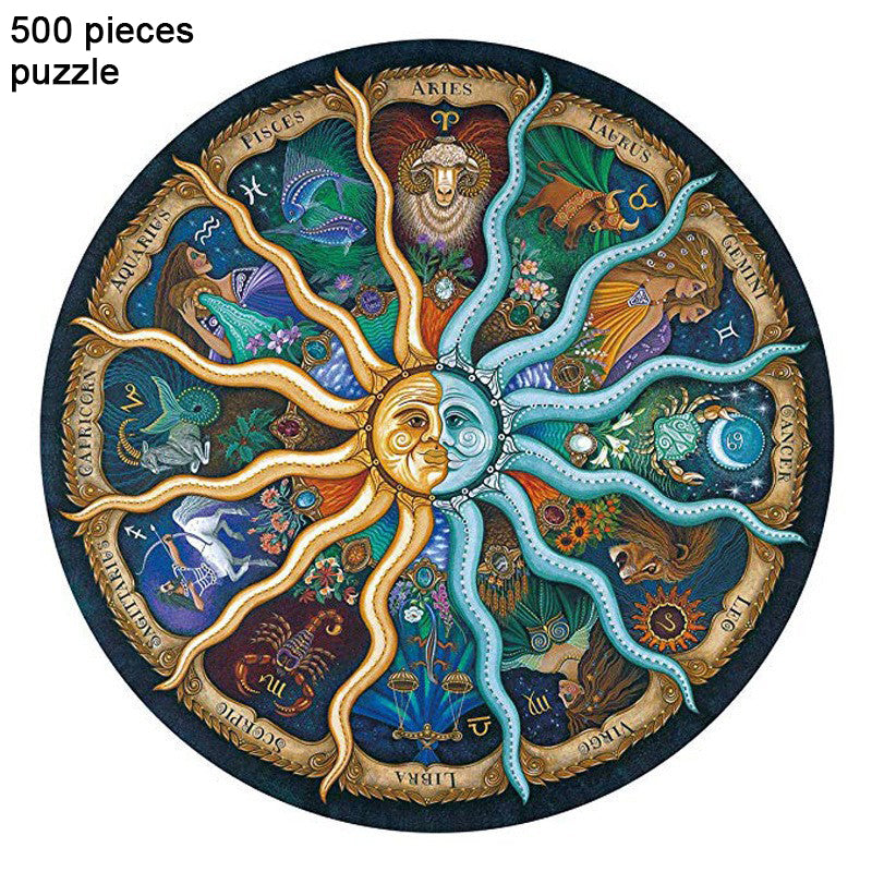 500 Piece Zodiac Circle Jigsaw Puzzle - Colorful Astrology Sun and Moon Jigsaw Puzzle for Adults and Kids