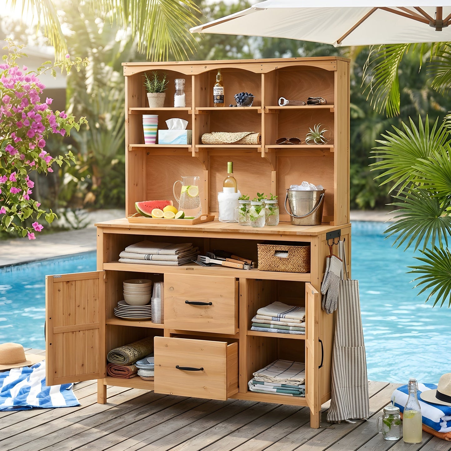 Large Fir Wood Potting Bench, 45.3"L Multi-Functional Outdoor Patio