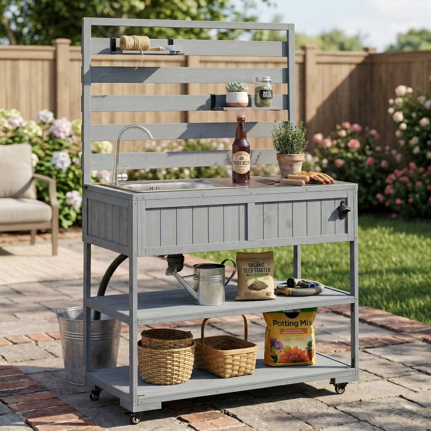41.7'' Large Patio Rolling Kitchen Island with Sink & Storage