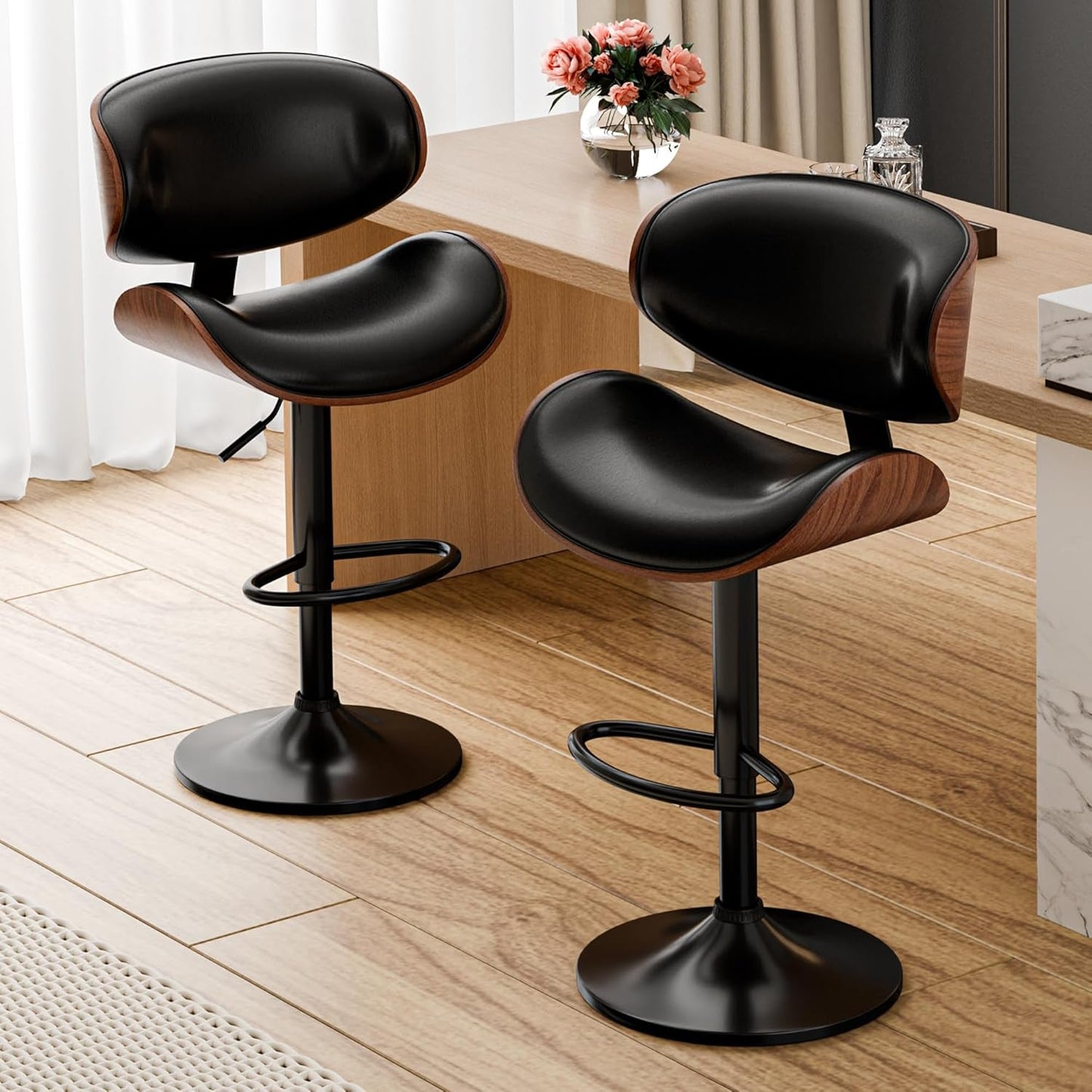 Set of 2 Adjustable Black Swivel Bar Stools for Kitchen Island