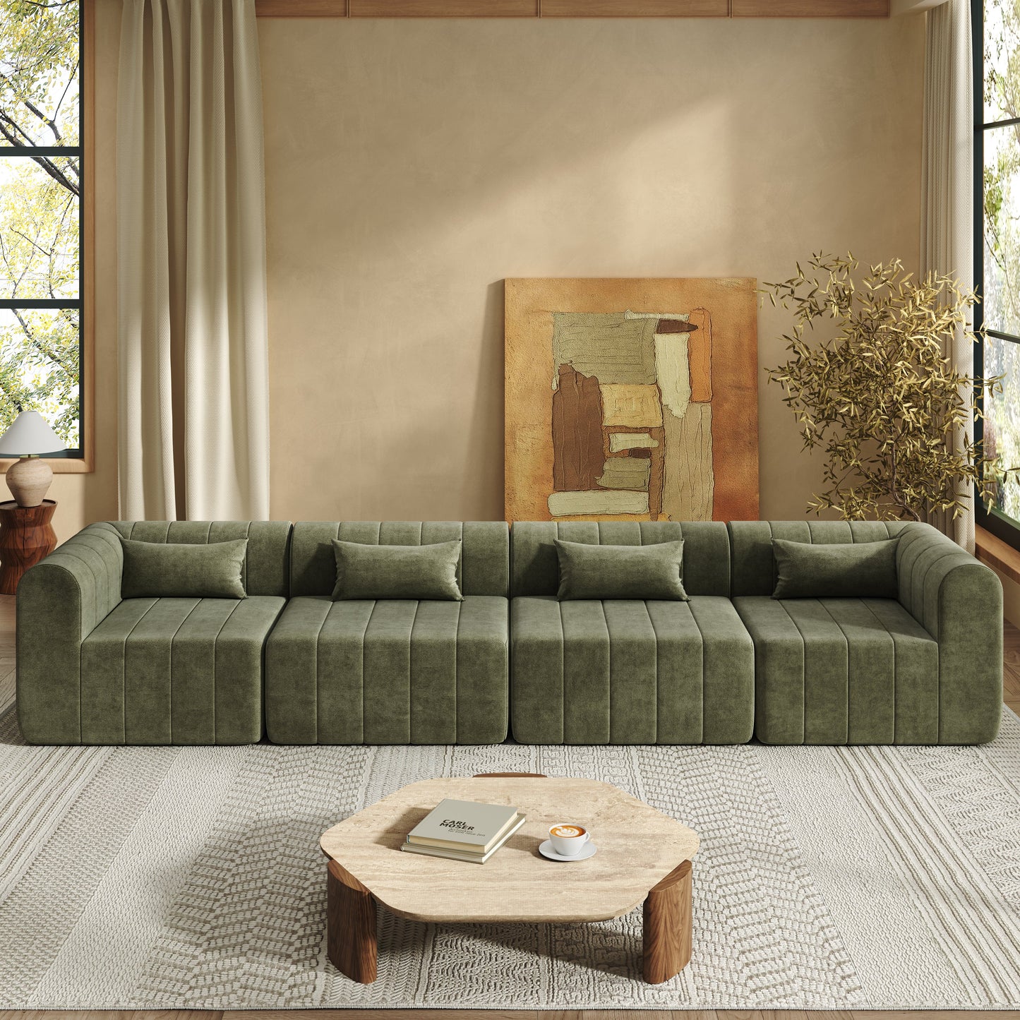 145.5 Inch Modular Full-Compressed Sectional Sofa, Green Polyester