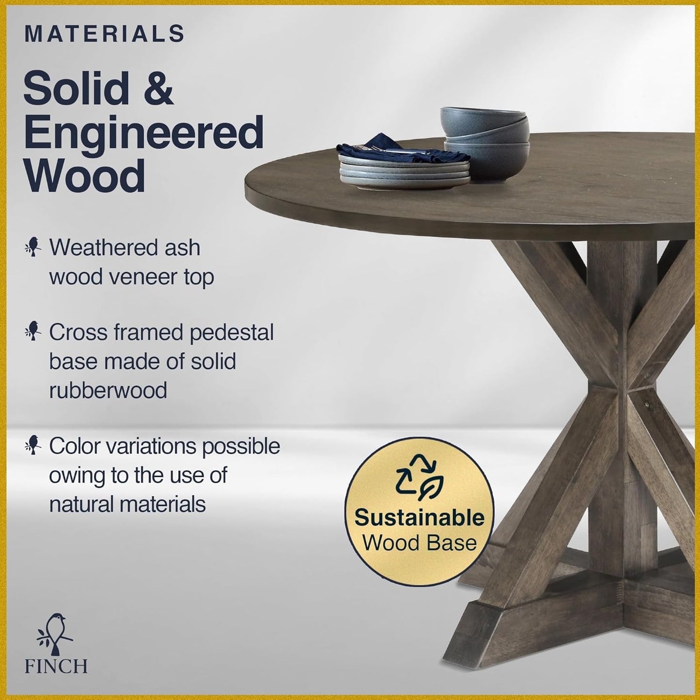 Alfred Round Solid Wood Rustic Dining Table 46.5 Inch Diameter