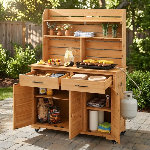 65''H Large Garden Potting Bench with Lockable Wheels and Storage