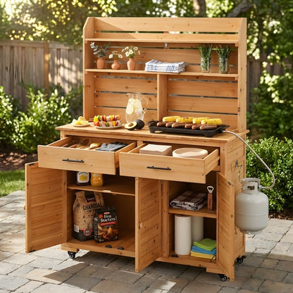 65''H Large Garden Potting Bench with Lockable Wheels and Storage