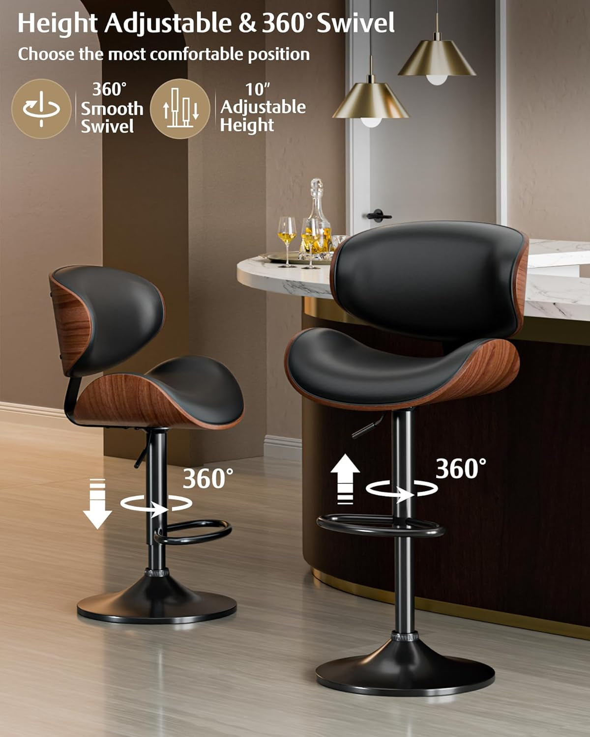 Set of 2 Adjustable Black Swivel Bar Stools for Kitchen Island