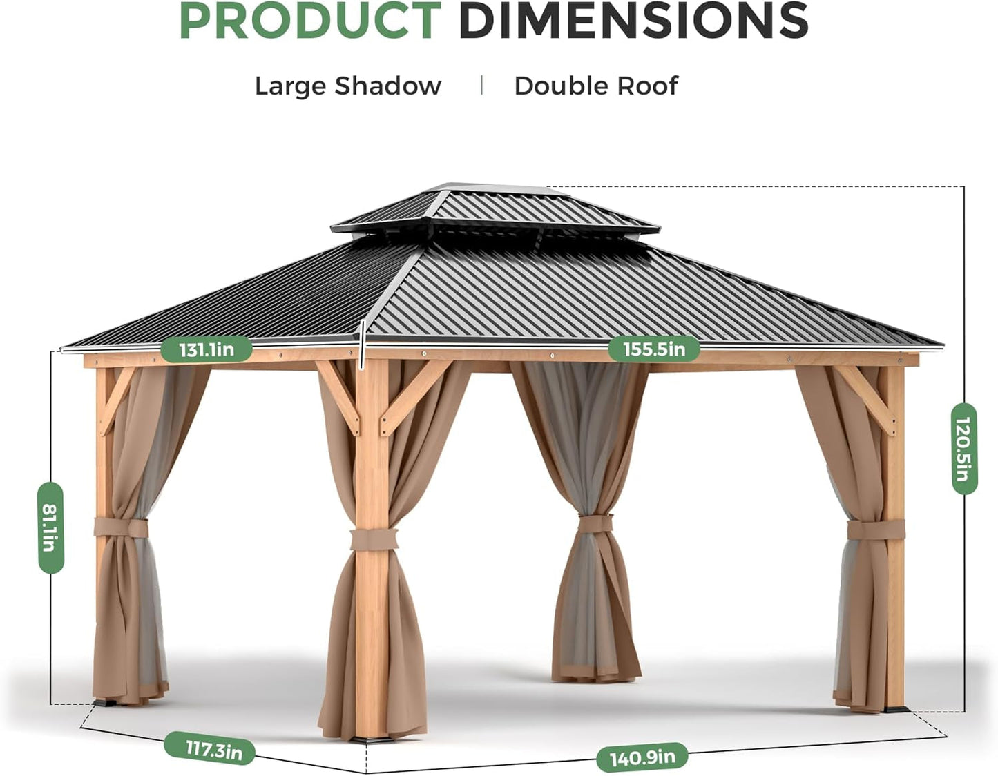 11x13 Wood Gazebo With Durable Galvanized Steel Roof Netting