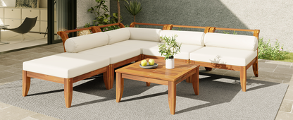 6 Piece Acacia Wood Modular Patio Sofa Set with Cushions