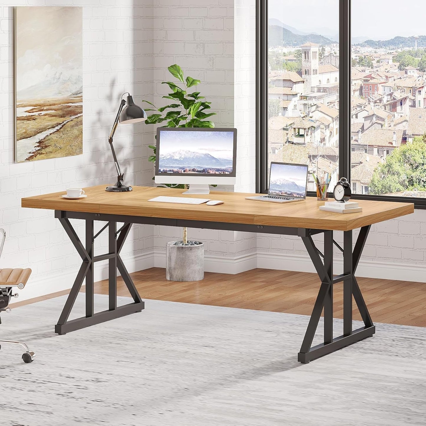70.8 Inch Executive Desk Light Walnut Black Large Computer Office Desk