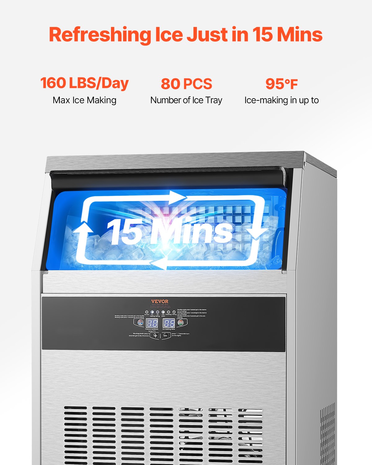 160lbs/24H Commercial Ice Maker with 66lbs Storage Capacity