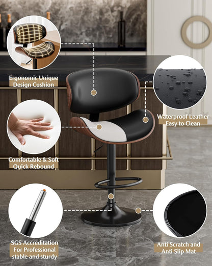 Set of 2 Adjustable Black Swivel Bar Stools for Kitchen Island