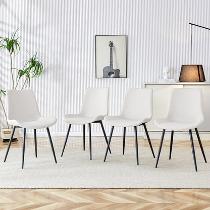 White Artificial Leather Backrest Cushion Dining Chair with Black Metal Legs