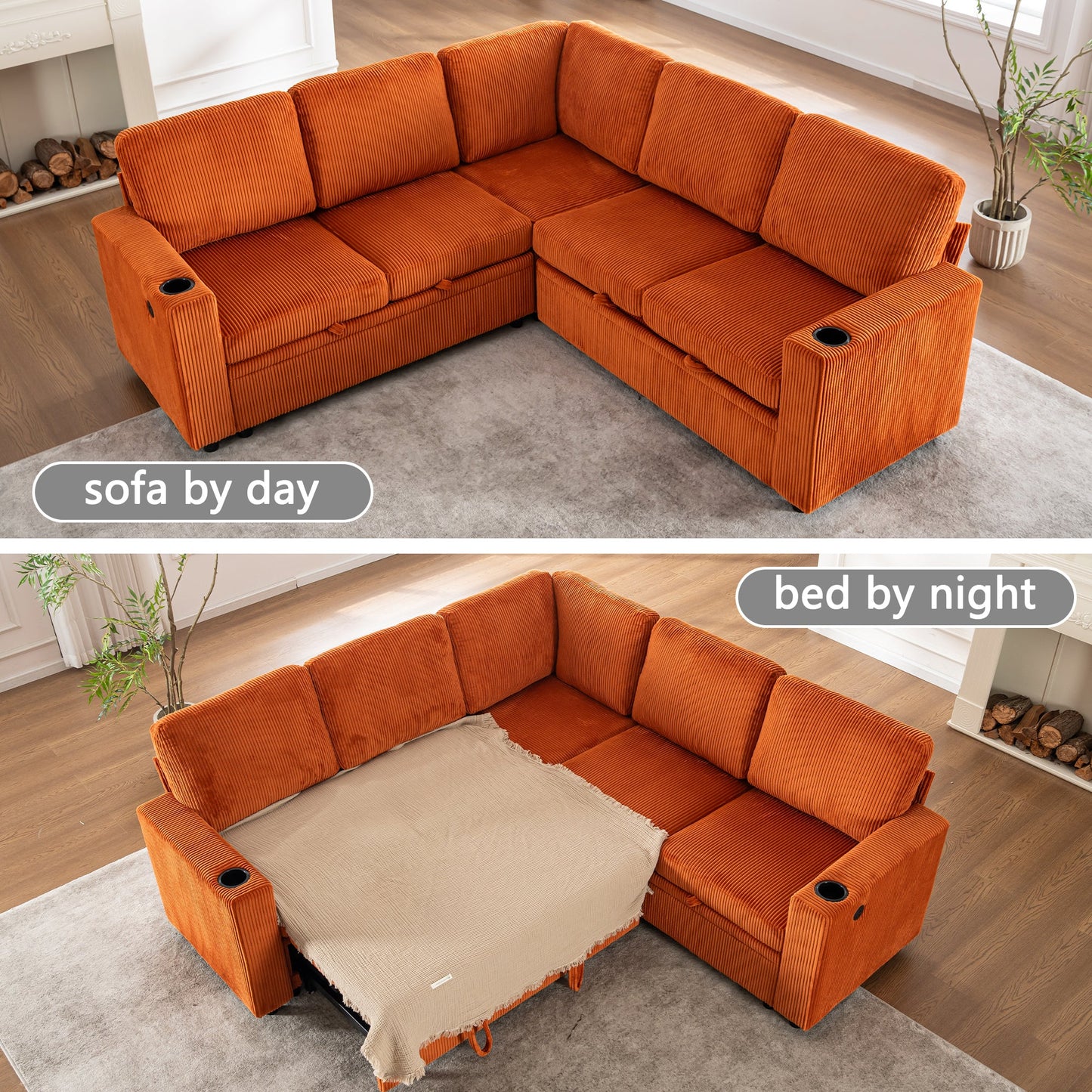Sectional Sleeper Sofa with Pull Out Bed and USB Charging Ports