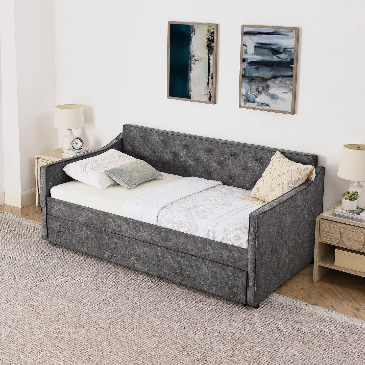 Grey Velvet Mid-Century Style Twin Upholstered Daybed with Pop-Up