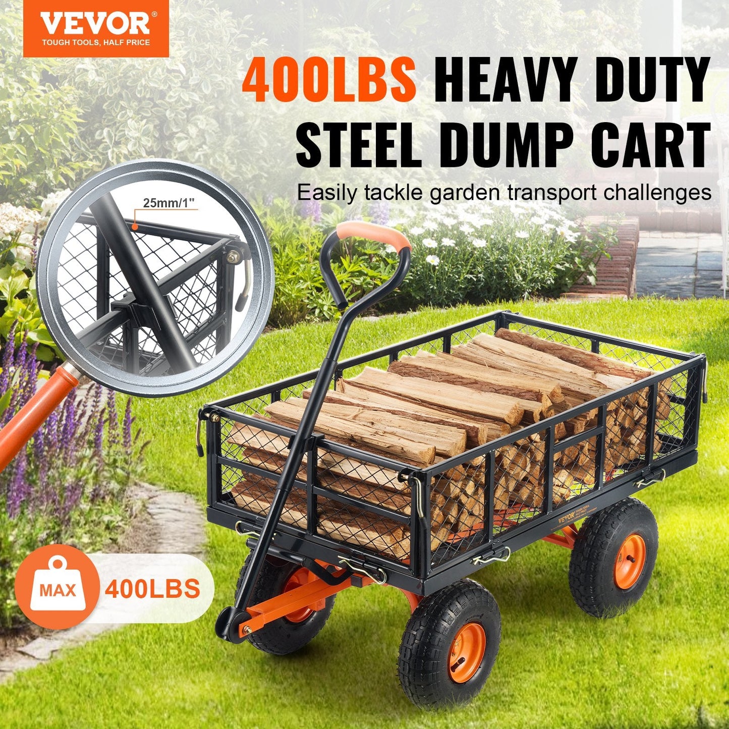 VEVOR Metal Garden Dump Cart with Easy Assembly Frame