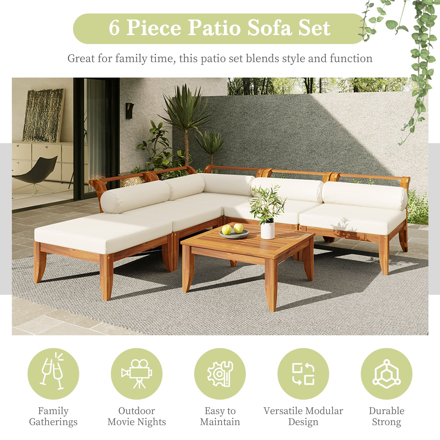 6 Piece Acacia Wood Modular Patio Sofa Set with Cushions