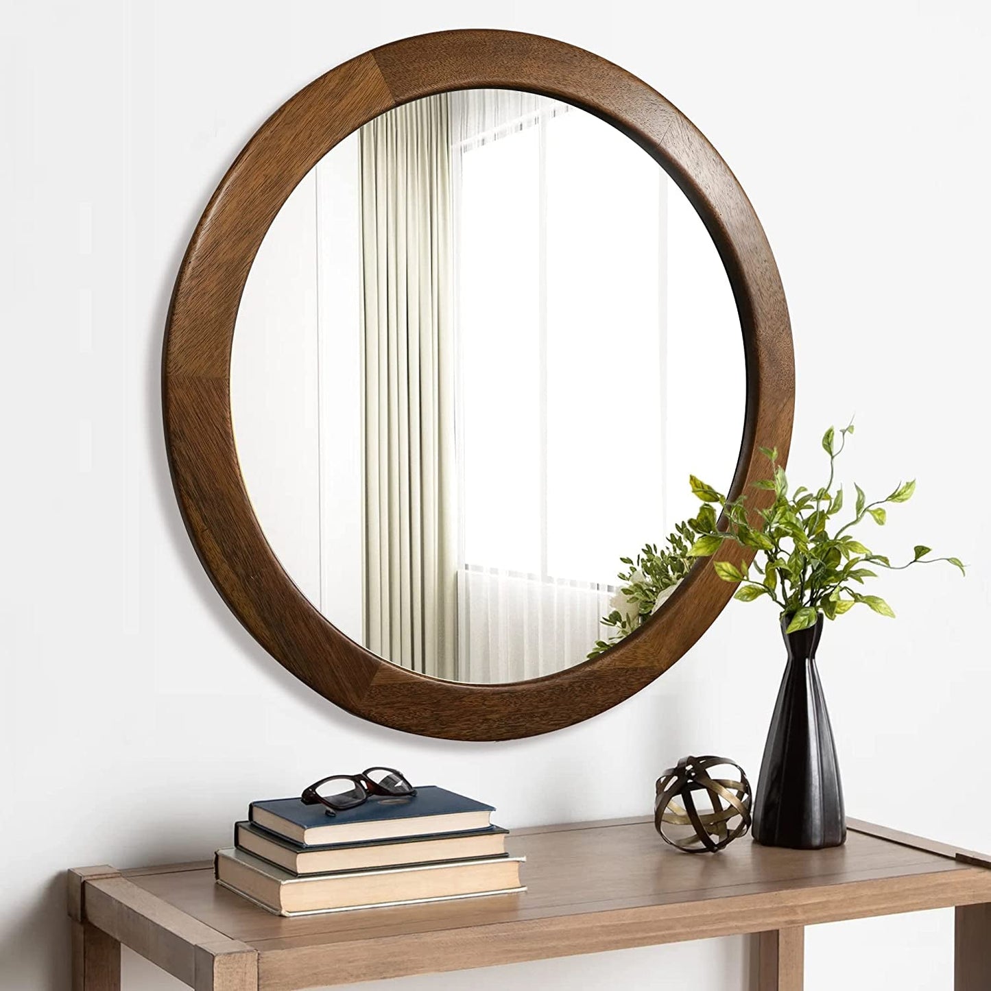 Walnut Frame Rustic Wooden Wall Mirror for Bedroom Decor