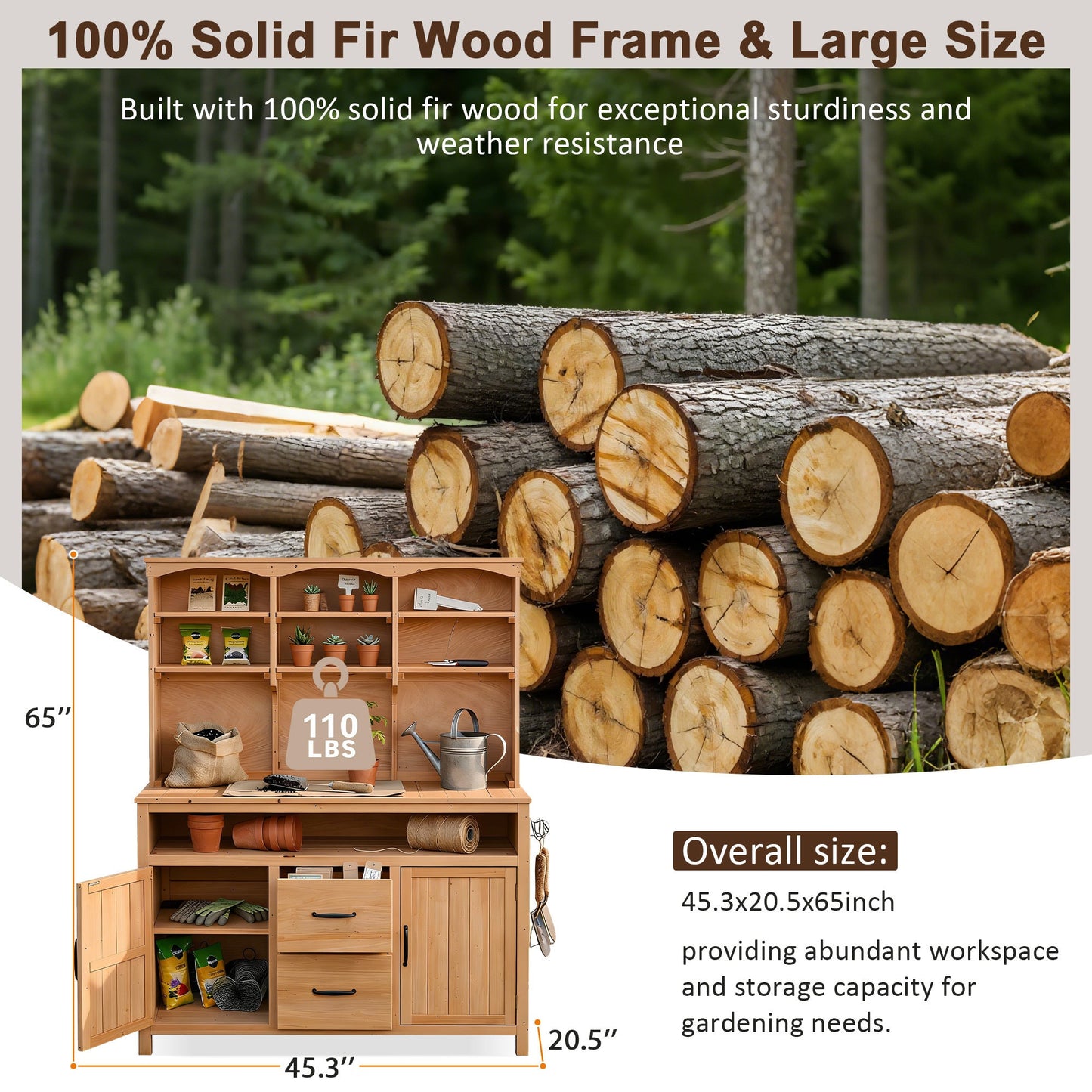 Large Fir Wood Potting Bench, 45.3"L Multi-Functional Outdoor Patio