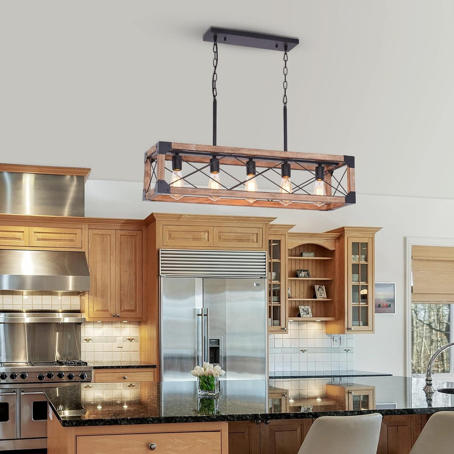Farmhouse 5 Light Kitchen Island Chandelier with Solid Wood