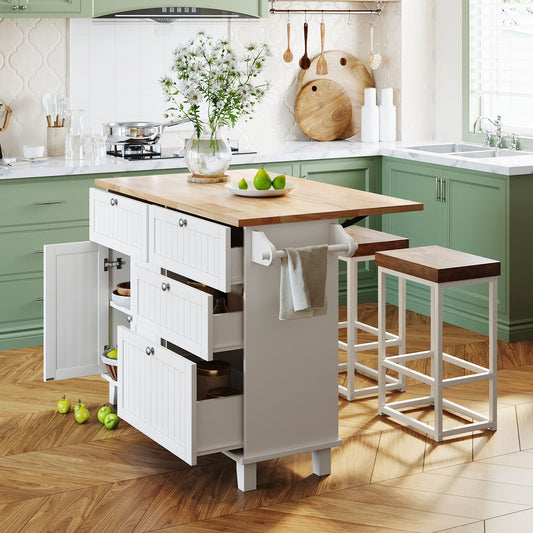 Farmhouse Kitchen Island Set with Drop Leaf and 2 Seatings
