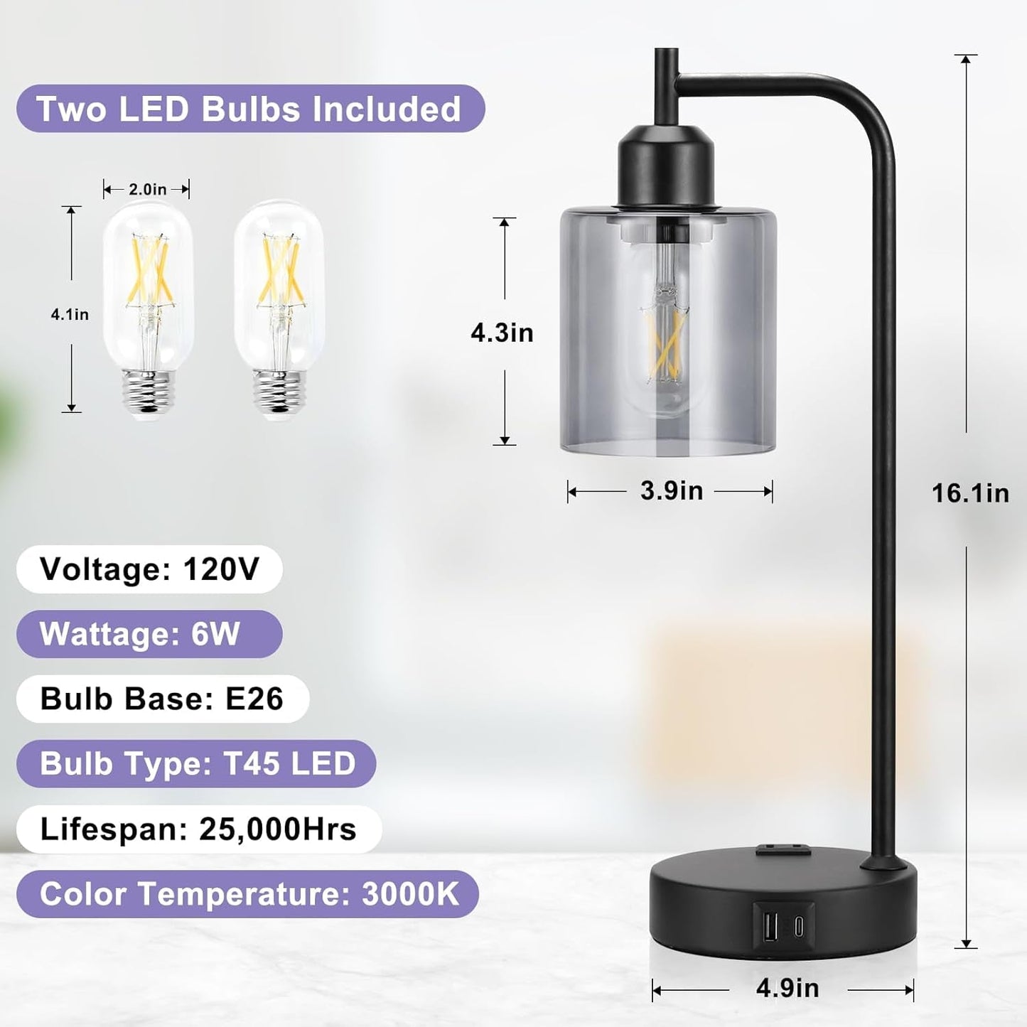 3-Way Dimmable USB Table Lamps with Gray Glass Shade Pair