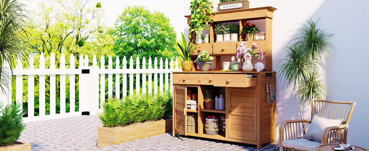 65.7'' H Tall Fir Wood Garden Potting Bench Table with Hutch