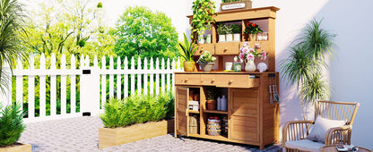 65.7'' H Tall Fir Wood Garden Potting Bench Table with Hutch