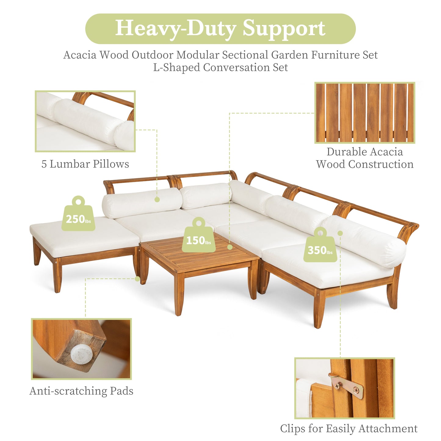 6 Piece Acacia Wood Modular Patio Sofa Set with Cushions
