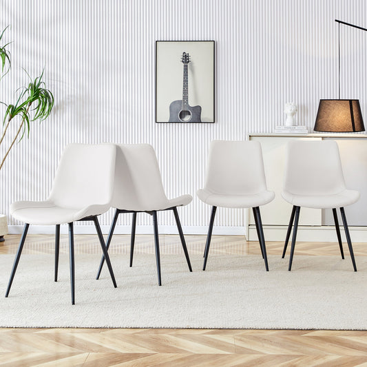 White Artificial Leather Backrest Cushion Dining Chair with Black Metal Legs