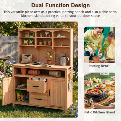 Large Fir Wood Potting Bench, 45.3"L Multi-Functional Outdoor Patio