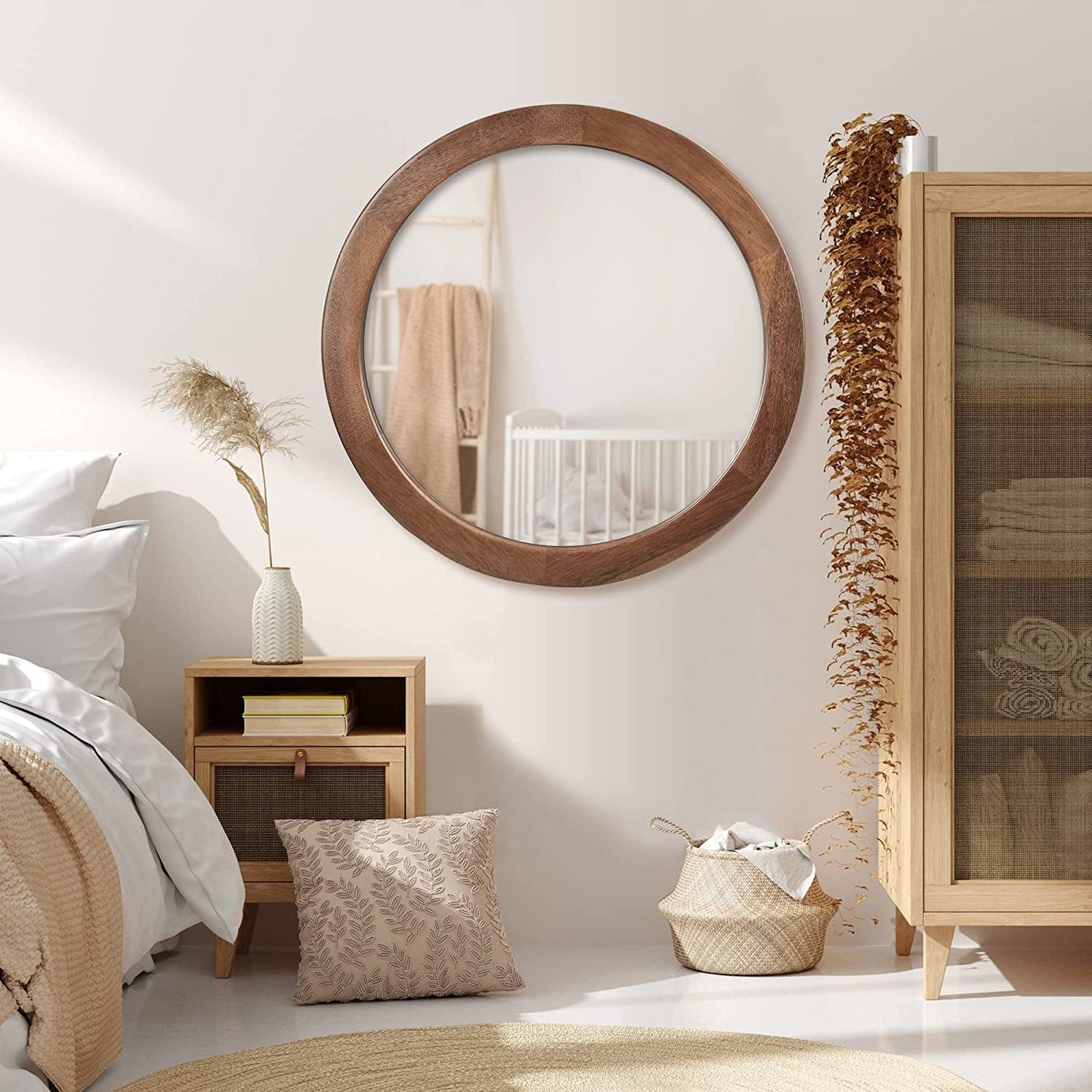 Walnut Frame Rustic Wooden Wall Mirror for Bedroom Decor