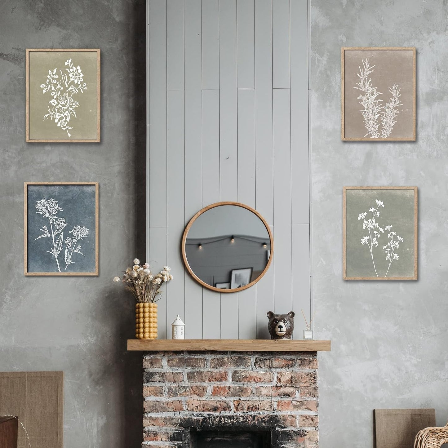 Framed Botanical Wall Art Set of 4 with Walnut 10x10 Frames