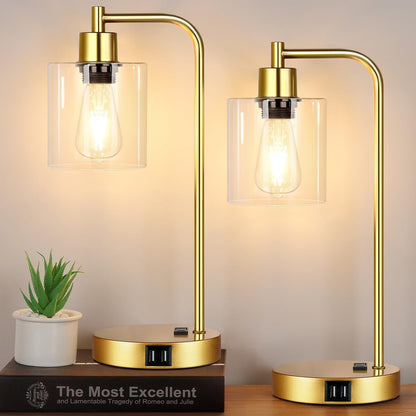Gold Industrial Touch Table Lamps 2 Pack with USB Ports