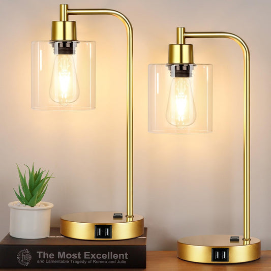 Gold Industrial Touch Table Lamps 2 Pack with USB Ports