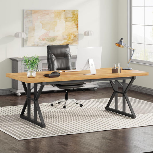 70.8 Inch Executive Desk Light Walnut Black Large Computer Office Desk