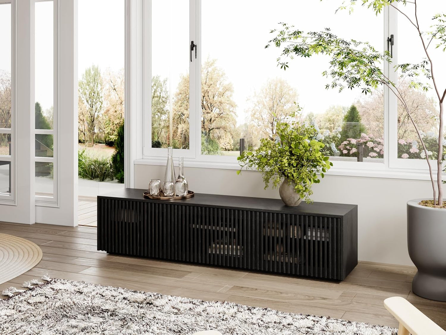 65 Inch Black Solid Wood TV Stand with Oak Veneer Finish