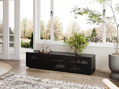 65 Inch Black Solid Wood TV Stand with Oak Veneer Finish