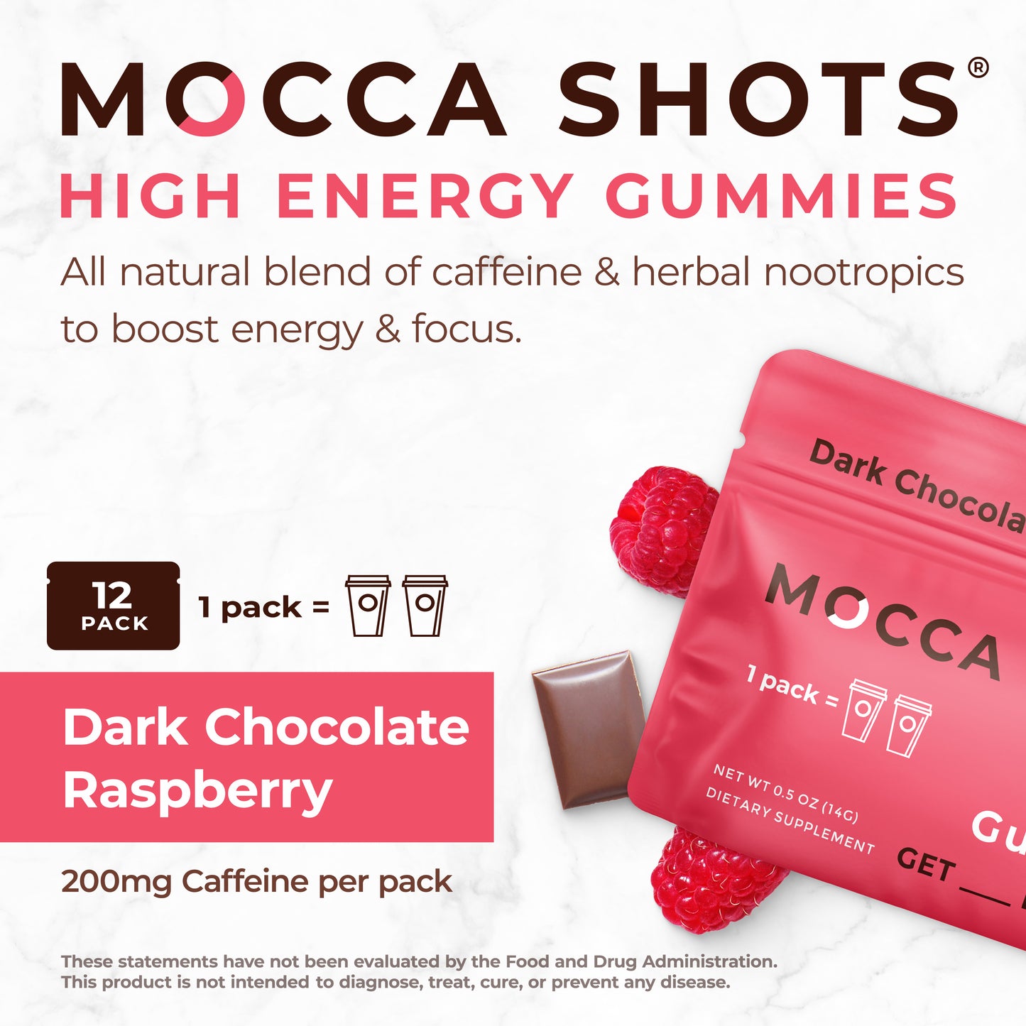 Mocca Shots Energy Gummies Dark Chocolate Raspberry 12 Pack